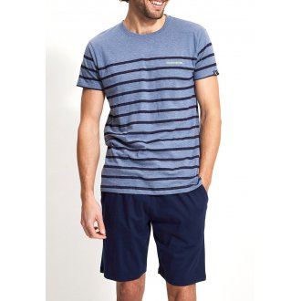 Pyjama court Arthur en coton : tee-shirt bleu chiné à rayures bleu marine et short bleu marine