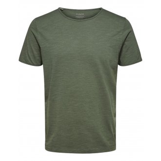 Tee-shirt basique Selected en coton biologique stretch kaki uni à col rond et manches courtes