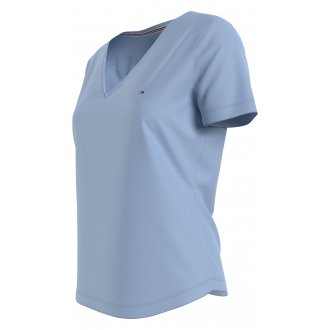 T-shirt FEMME Tommy Hilfiger biologique droit avec manches courtes et col v coton ciel
