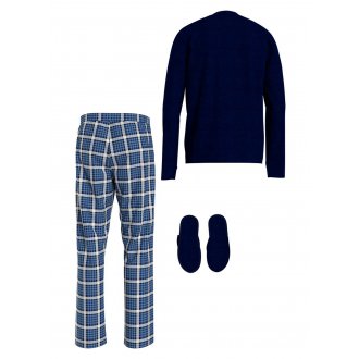 Pyjama long Tommy H Sportswear en coton avec manches longues et col rond bleu à carreaux
