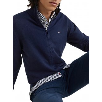 Cardigan Tommy H Sportswear en coton biologique mélangé avec manches longues et col montant bleu marine