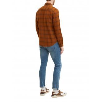 Chemise droite Tom Tailor en coton marron à carreaux avec manches longues et col italien