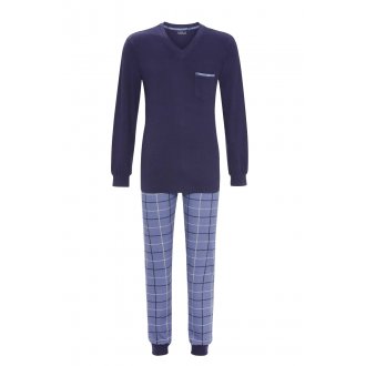 Pyjama long Ringella en coton : tee-shirt manches longues et col v bleu marine et pantalon bleu à carreaux