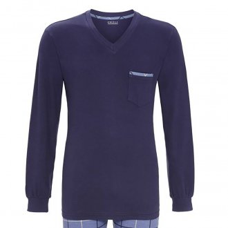 Pyjama long Ringella en coton : tee-shirt manches longues et col v bleu marine et pantalon bleu à carreaux