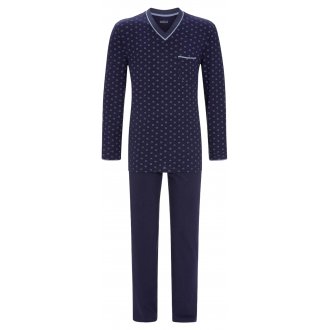 Pyjama long Ringella en coton : tee-shirt manches longues et col v bleu marine à motif géométrique