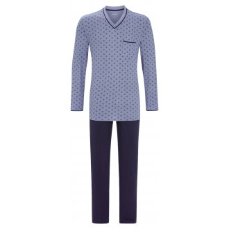 Pyjama long Ringella en coton : tee-shirt manches longues et col v bleu à motif géométrique bleu marine