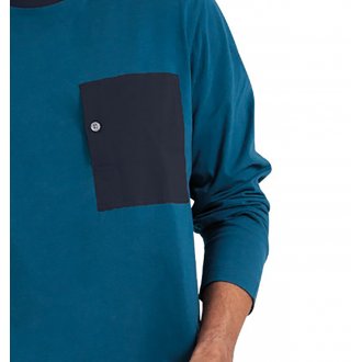 Pyjama long Eminence en coton : tee-shirt col rond manches longues bleu canard et pantalon bleu marine