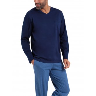 Pyjama long Eminence en coton : tee-shirt manches longues col V bleu marine et pantalon bleu