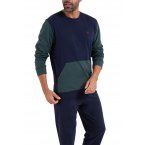 Pyjama long Eminence en coton : tee-shirt manches longues col rond vert kaki et bleu marine et pantalon bleu marine