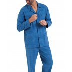 Pyjama long à manches longues et col cubain Eminence en coton bleu à carreaux