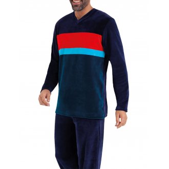 Pyjama long Eminence en coton mélangé effet velours : sweat col V bleu marine rayé et pantalon bleu marine