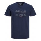 T-shirt à col rond Jack & Jones en coton bleu marine avec branding floqué à rayures graphiques