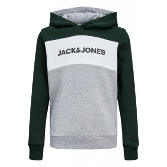 Sweat à capuche Junior Garçon Jack & Jones tricolore vert sapin, blanc et gris avec branding noir