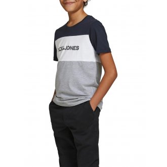 T-shirt Junior Garçon à col rond Jack & Jones en coton tricolore vert, blanc et gris avec branding noir