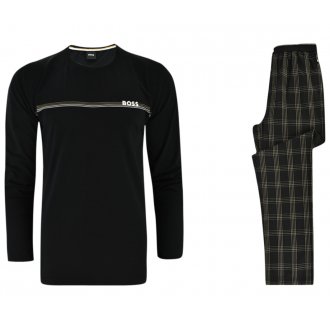 Pyjama avec manches longues et col rond Boss coton mélangé noir carreaux