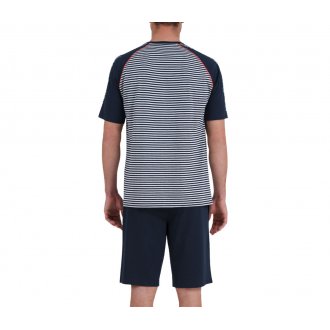Pyjama court Athena : tee-shirt col rond rayé blanc et bleu marine et short bleu marine