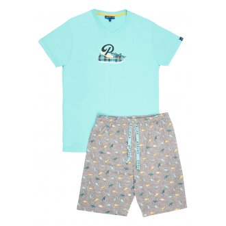 Pyjama Court Arthur coton régular avec manches courtes et col v turquoise