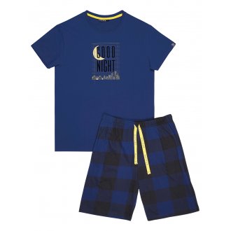 Pyjama Court Arthur en coton bleu motifs Vichy regular fit avec manches courtes et col rond