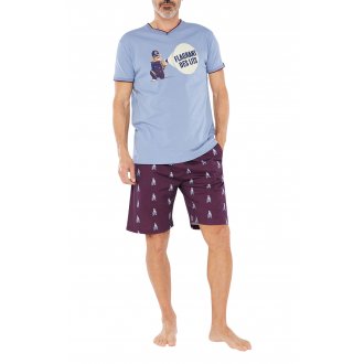 Pyjama Court Arthur coton régular avec manches courtes et col v bleu