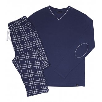 Pyjama Long Arthur coton régular avec manches longues et col v marine vichy