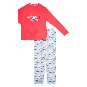 Pyjama Long Arthur coton régular avec manches longues et col v rouge