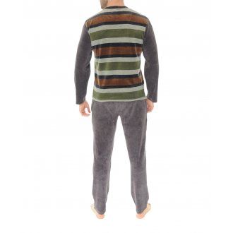 Pyjama long Christian Cane coton mélangé droite avec manches longues et col v brun rayé