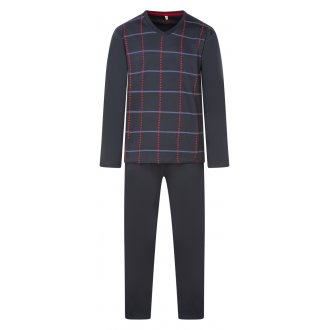 Pyjama long Christian Cane coton avec manches longues et col v gris carreaux