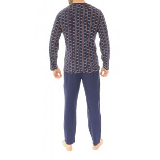 Pyjama long Christian Cane coton avec manches longues et col v bleu marine rayé