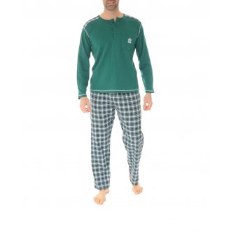 Pyjama Long Christian Cane en coton coupe droite avec manches longues et col tunisien sapin à carreaux