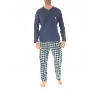 Pyjama long Christian Cane en coton droit avec manches longues et col v marine carreaux