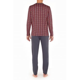 Pyjama long Hom Ottawa en coton : tee-shirt manches longues col v à motif multicolore et pantalon gris