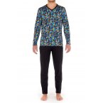 Pyjama long Hom Cancun en coton : tee-shirt manches longues col v à motif floral multicolore et pantalon noir
