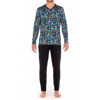 Pyjama long Hom Cancun en coton : tee-shirt manches longues col v à motif floral multicolore et pantalon noir