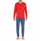 Pyjama long Hom Lugano en coton : tee-shirt manches longues col v rouge et pantalon à motif multicolore