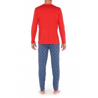 Pyjama long Hom Lugano en coton : tee-shirt manches longues col v rouge et pantalon à motif multicolore