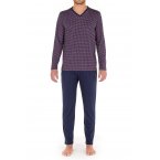 Pyjama long Hom Figari en coton : tee-shirt manches longues col v à motif et pantalon bleu marine