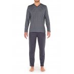 Pyjama long Hom Jaipur en coton : tee-shirt manches longues col v à motif et pantalon gris