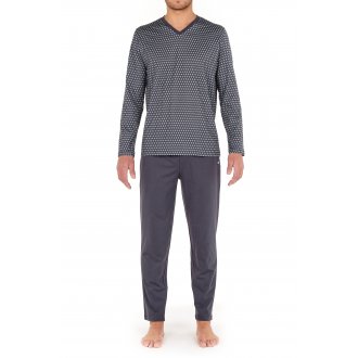 Pyjama long Hom Jaipur en coton : tee-shirt manches longues col v à motif et pantalon gris