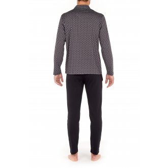 Pyjama long Hom Fortaleza en coton coupe ouverte : tee-shirt manches longues col revers à motif et pantalon noir