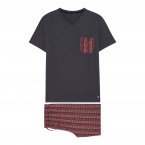 Pyjama court Hom Ottawa en coton : tee-shirt col v gris et short à motif