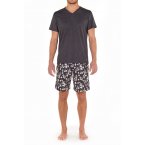 Pyjama court Hom Tambo en coton : tee-shirt col v noir et short à motif floral