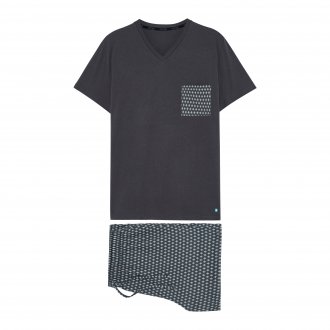 Pyjama court Hom Jaipur en coton : tee-shirt col v gris et short à motif