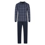 Pyjama long Guasch en coton fermé avec manches longues et col croisé bleu marine à carreaux