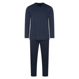 Pyjama long Guasch coton fermé avec manches longues et col croisé bleu