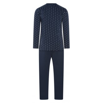Pyjama long Guasch coton fermé avec manches longues et col croisé bleu