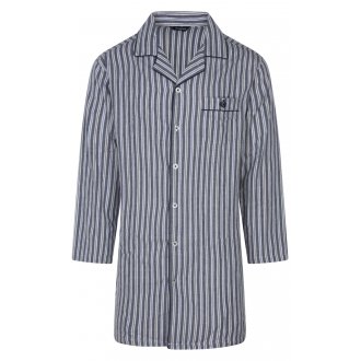 Pyjama long Guasch coton droit avec manches longues et col V croisé anthracite rayé