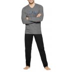 Pyjama long Eden Park en coton bicolore à imprimé poitrine, à coupe droite, col V et pantalon à taille élastiquée