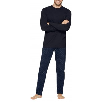 Pyjama long Eden Park en coton à tee-shirt marine à coupe droite, col rond et pantalon à imprimé micro-motifs
