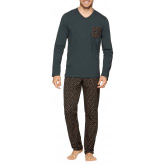 Pyjama long Eden Park en coton à tee-shirt stretch à coupe droite, col V et pantalon droit taille élastiquée