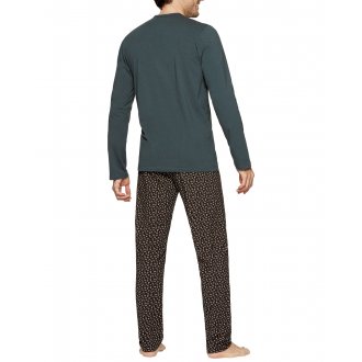 Pyjama long Eden Park en coton à tee-shirt stretch à coupe droite, col V et pantalon droit taille élastiquée